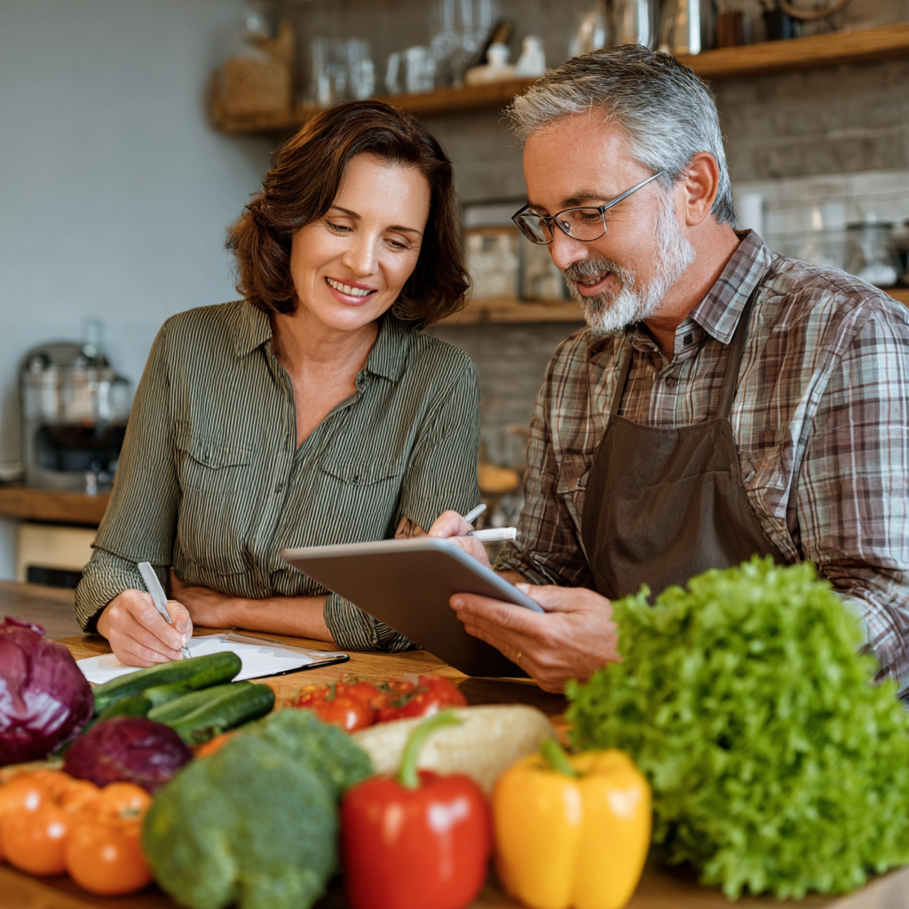 Mature nutritionist consulting with middle-aged client about personalized meal planning