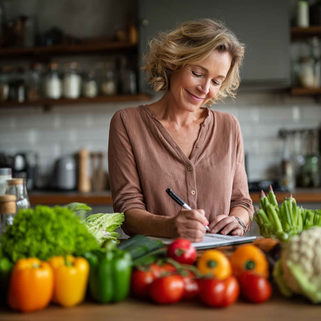 Middle-aged woman planning healthy meals with fresh vegetables and fruits on kitchen counter